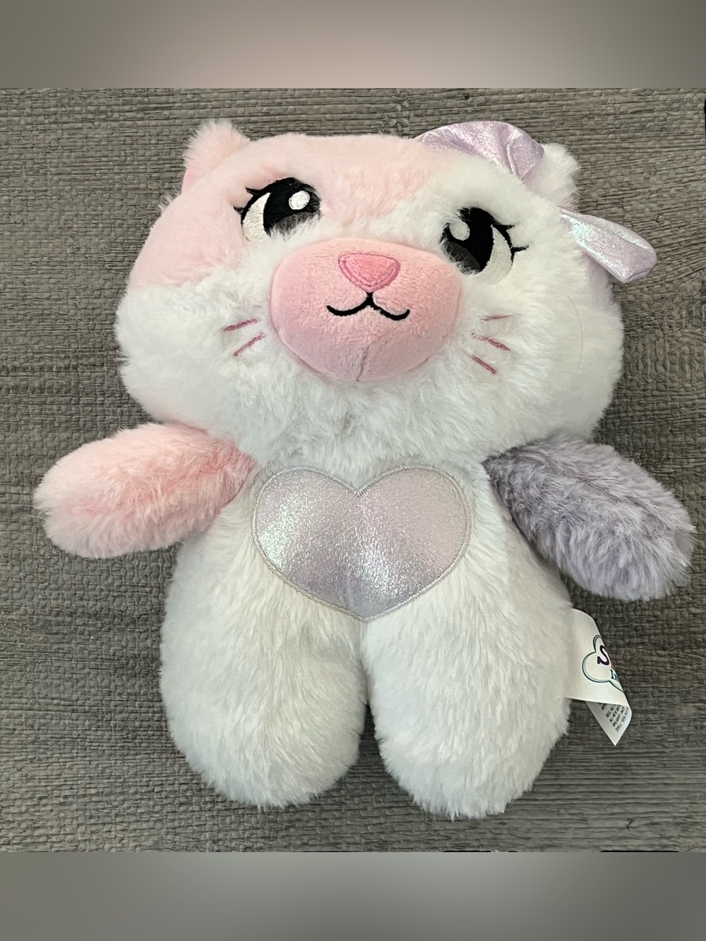 White Pink Purple Soft Cat Plush Stuffed Animal Heart Belly Bow 10.5 in